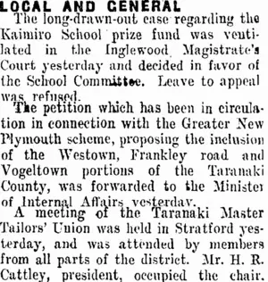 LOCAL AND GENERAL. (Taranaki Daily News 17-11-1911)