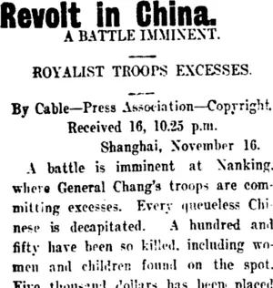 Revolt in China. (Taranaki Daily News 17-11-1911)