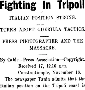Fighting In Tripoli (Taranaki Daily News 17-11-1911)