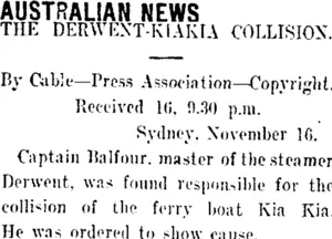 AUSTRALIAN NEWS (Taranaki Daily News 17-11-1911)