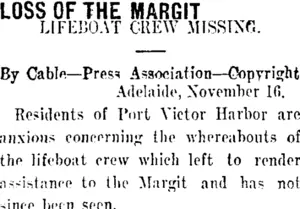 LOSS OF THE MARGIT. (Taranaki Daily News 17-11-1911)