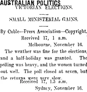 AUSTRALIAN POLITICS (Taranaki Daily News 17-11-1911)