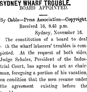 SYDNEY WHARF TROUBLE. (Taranaki Daily News 17-11-1911)