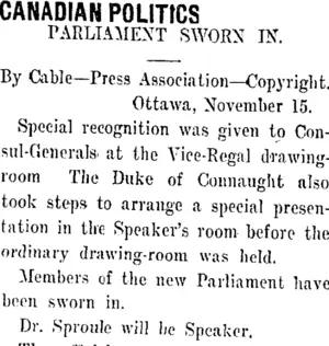CANADIAN POLITICS. (Taranaki Daily News 17-11-1911)