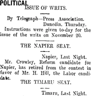 POLITICAL. (Taranaki Daily News 17-11-1911)