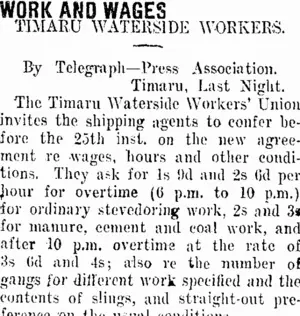 WORK AND WAGES. (Taranaki Daily News 17-11-1911)