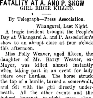 FATALITY AT A. AND P. SHOW (Taranaki Daily News 17-11-1911)