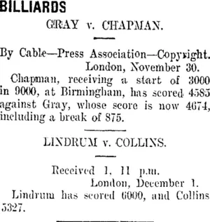 BILLIARDS. (Taranaki Daily News 2-12-1911)