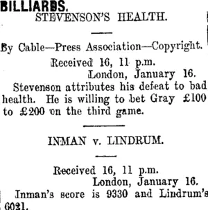 BILLIARDS. (Taranaki Daily News 17-1-1912)