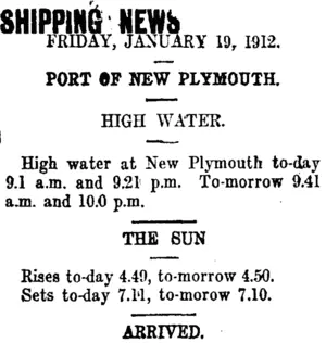 SHIPPING NEWS (Taranaki Daily News 19-1-1912)