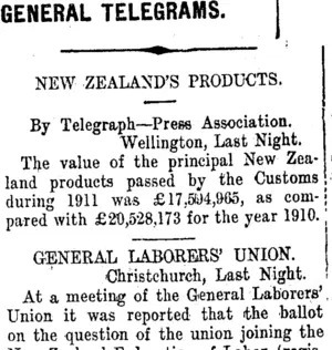 GENERAL TELEGRAMS. (Taranaki Daily News 11-1-1912)