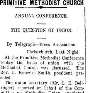 PRIMITIVE METHODIST CHURCH (Taranaki Daily News 13-1-1912)