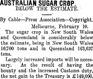 AUSTRALIAN SUGAR CROP. (Taranaki Daily News 12-2-1912)
