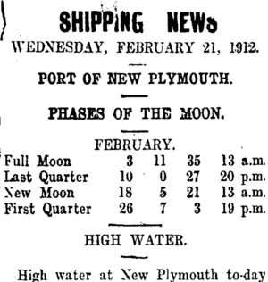 SHIPPING NEWS (Taranaki Daily News 21-2-1912)