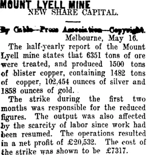 MOUNT LYELL MINE (Taranaki Daily News 17-5-1912)