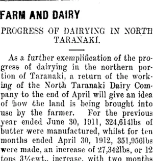 FARM AND DAIRY (Taranaki Daily News 17-5-1912)