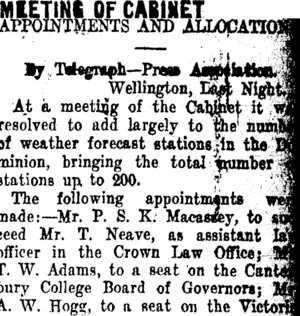 MEETING OF CABINET (Taranaki Daily News 22-5-1912)