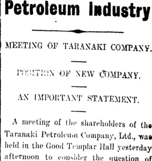 Petroleum Industry (Taranaki Daily News 31-5-1912)