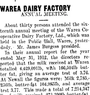WAREA DAIRY FACTORY (Taranaki Daily News 6-8-1912)