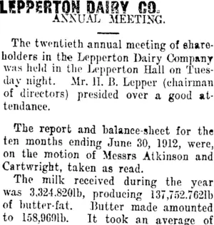 LEPPERTON DAIRY CO. (Taranaki Daily News 15-8-1912)