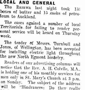 LOCAL AND GENERAL. (Taranaki Daily News 10-8-1912)