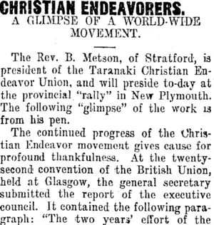 CHRISTIAN ENDEAVORERS. (Taranaki Daily News 29-8-1912)