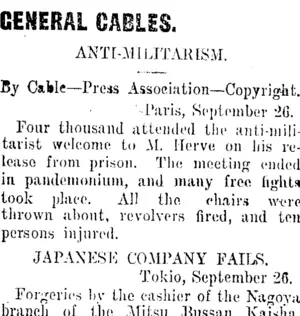 GENERAL CABLES. (Taranaki Daily News 28-9-1912)