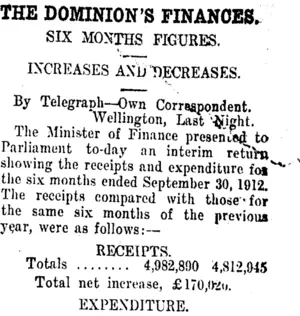 THE DOMINION'S FINANCES. (Taranaki Daily News 16-10-1912)
