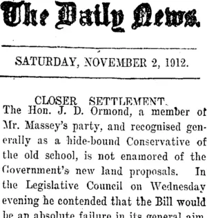 The Daily News. SATURDAY, NOVEMBER 2, 1912. CLOSER SETTLEMENT. (Taranaki Daily News 2-11-1912)