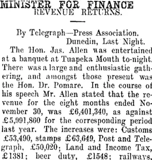 MINSTER FOR FINANCE. (Taranaki Daily News 5-12-1912)