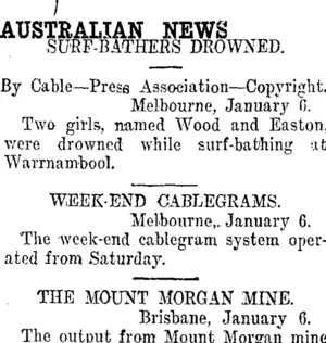 AUSTRALIAN NEWS. (Taranaki Daily News 7-1-1913)