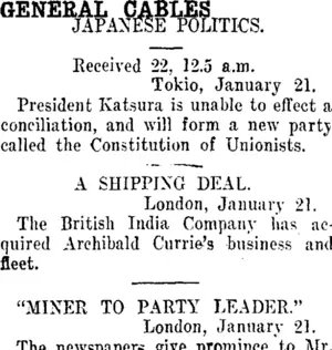 GENERAL CABLES. (Taranaki Daily News 22-1-1913)