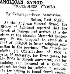 ANGLICAN SYNOD. (Taranaki Daily News 23-1-1913)