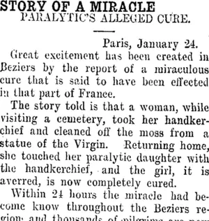 STORY OF A MIRACLE. (Taranaki Daily News 31-1-1913)