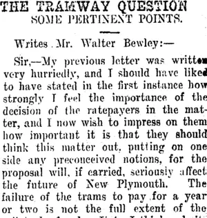 THE TRAMWAY QUESTION. (Taranaki Daily News 31-1-1913)