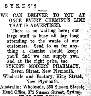 SYKES'S (Taranaki Daily News 31-1-1913)