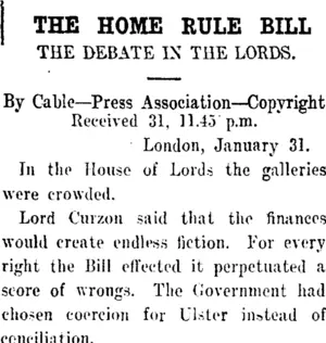 THE HOME RULE BILL. (Taranaki Daily News 1-2-1913)