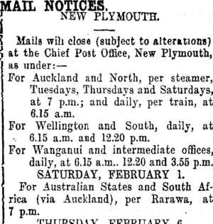 MAIL NOTICES. (Taranaki Daily News 1-2-1913)