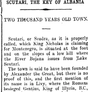 SCUTAHI, THE KEY OF ALBANIA (Taranaki Daily News 1-2-1913)