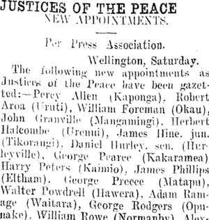 JUSTICES OF THE PEACE. (Taranaki Daily News 3-2-1913)