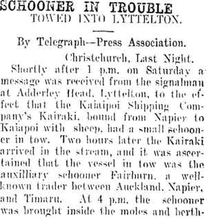 SCHOONER IN TROUBLE. (Taranaki Daily News 3-2-1913)