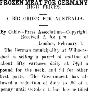 FROZEN MEAT FOR GERMANY (Taranaki Daily News 3-2-1913)