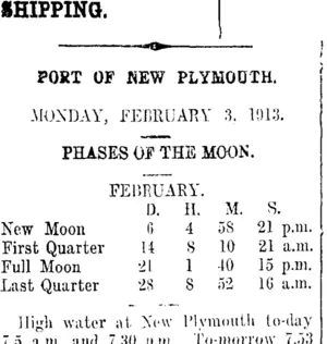 SHIPPING. (Taranaki Daily News 3-2-1913)