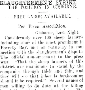 SLAUGHTERMEN'S STRIKE. (Taranaki Daily News 3-2-1913)