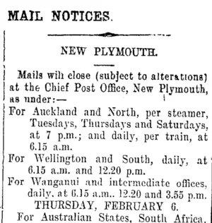 MAIL NOTICES. (Taranaki Daily News 3-2-1913)