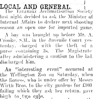 LOCAL AND GENERAL. (Taranaki Daily News 19-2-1913)