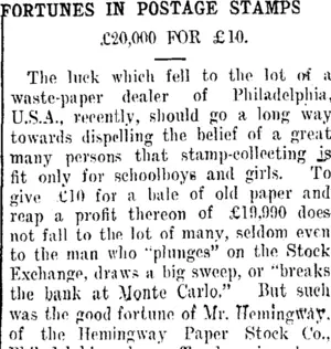 FORTUNES IN POSTAGE STAMPS (Taranaki Daily News 1-3-1913)