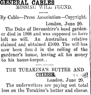 GENERAL CABLES. (Taranaki Daily News 23-6-1913)