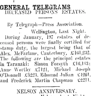 GENERAL TELEGRAMS. (Taranaki Daily News 3-2-1914)