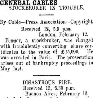 GENERAL CABLES. (Taranaki Daily News 14-2-1914)